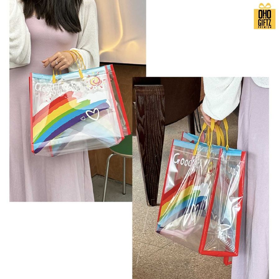 กระเป๋าใส PVC สายรุ้ง สกรีนโลโก้ ทำเป็นของพรีเมี่ยมได้