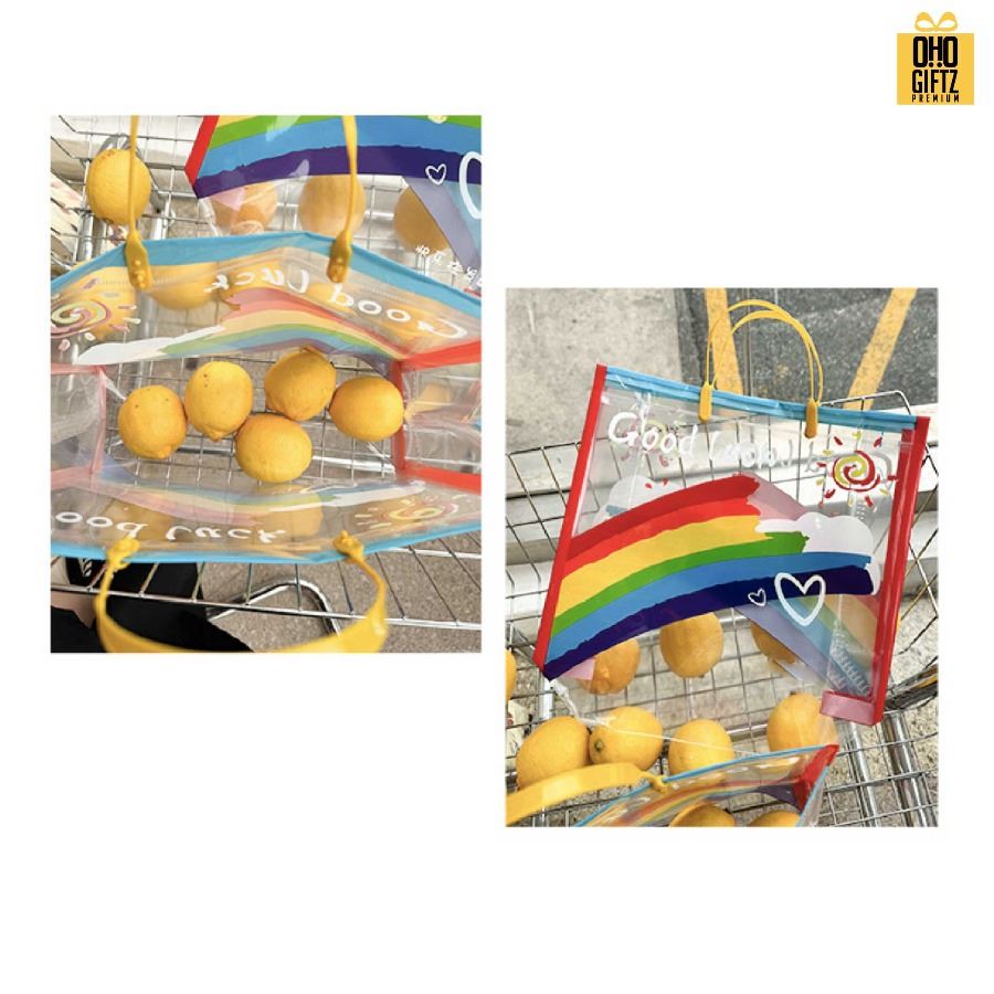 กระเป๋าใส PVC สายรุ้ง สกรีนโลโก้ ทำเป็นของพรีเมี่ยมได้