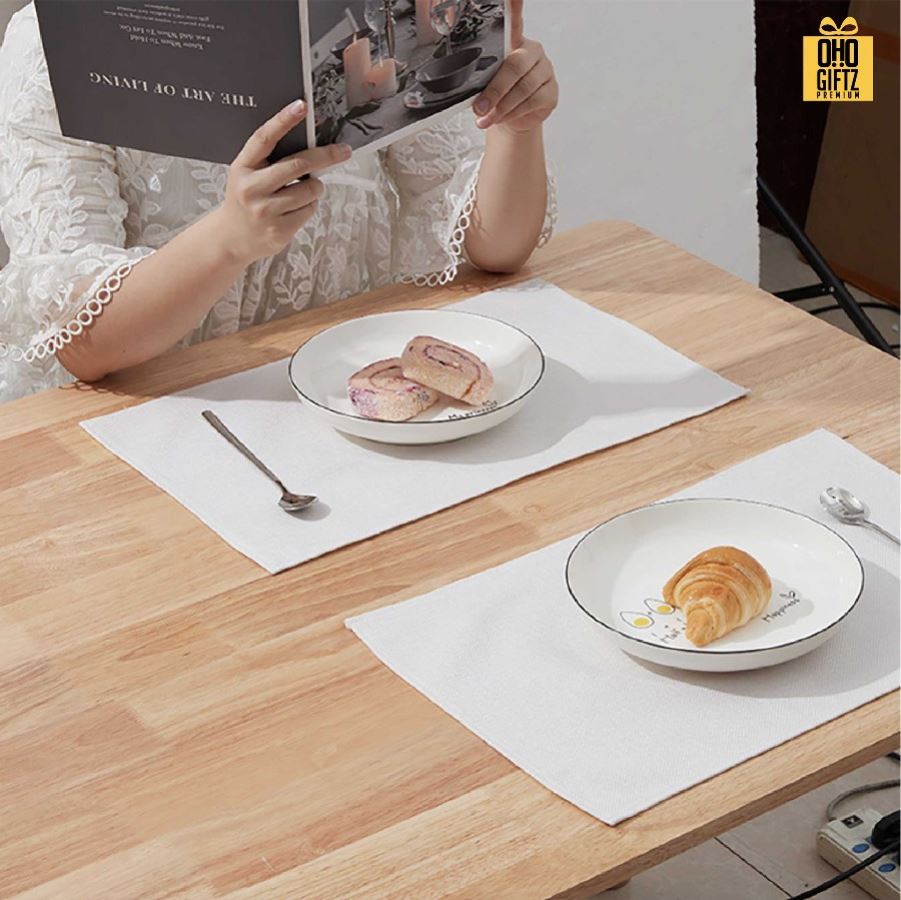 แผ่นรองจานผ้าฝ้ายและผ้าลินิน พิมพ์ภาพไม่จำกัดสี สกรีนชื่อ ทำเป็นของพรีเมี่ยมได้