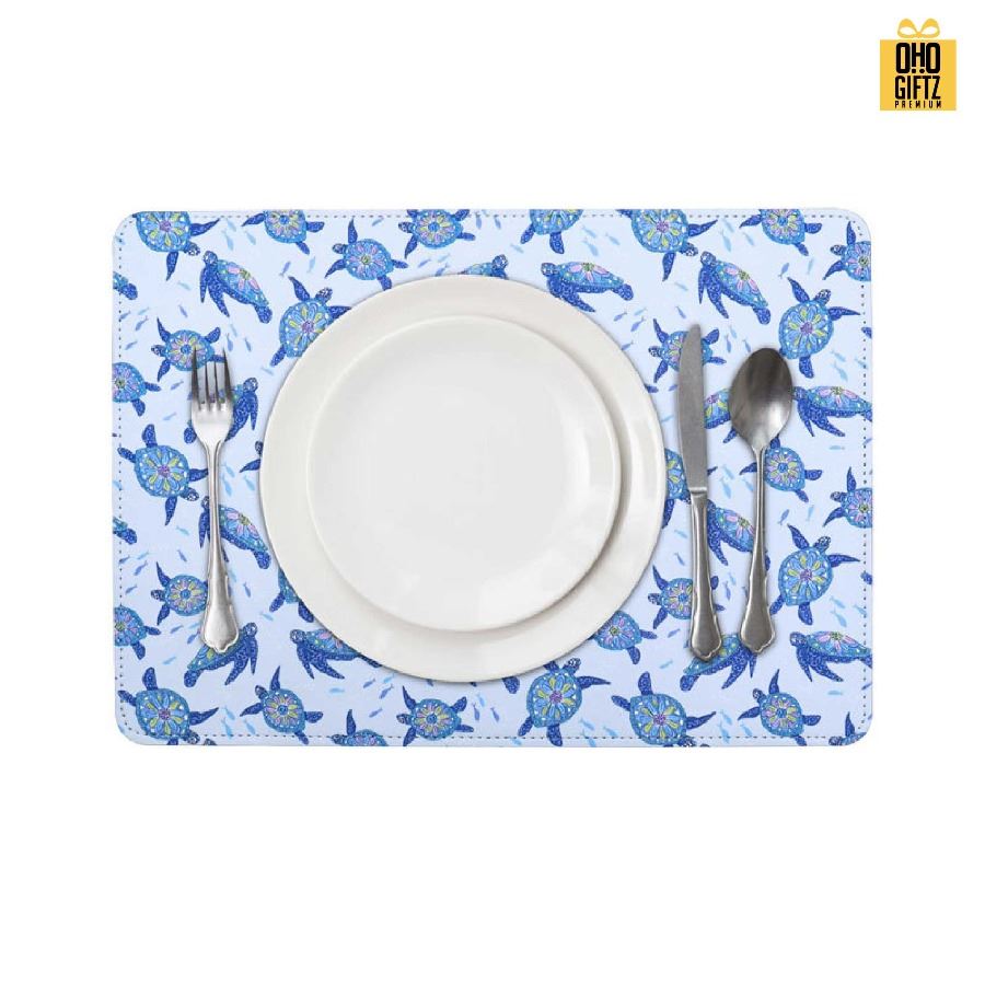 แผ่นรองจานหนัง PU พิมพ์ลายไม่จำกัดสี สกรีนชื่อ ทำเป็นของพรีเมี่ยมได้