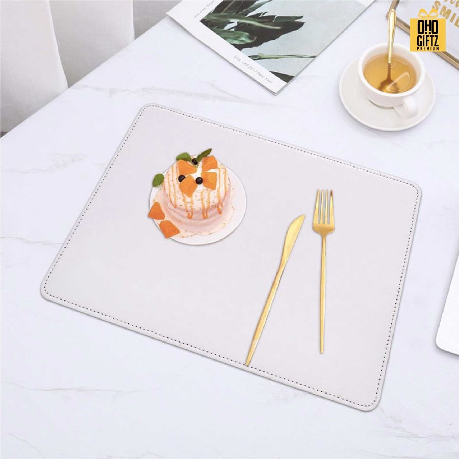 แผ่นรองจานหนัง PU พิมพ์ลายไม่จำกัดสี สกรีนชื่อ ทำเป็นของพรีเมี่ยมได้