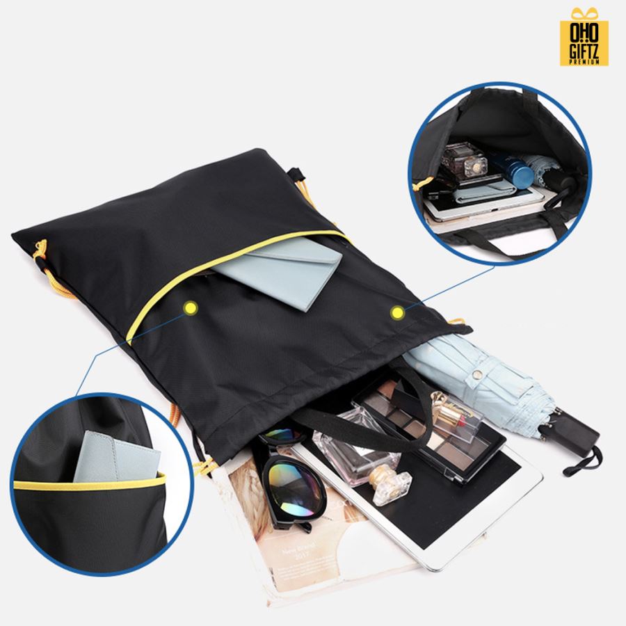 กระเป๋าสะพายหลัง มีเชือกรูด ผ้า OxFord สกรีนโลโก้ ทำเป็นของพรีเมี่ยมได้