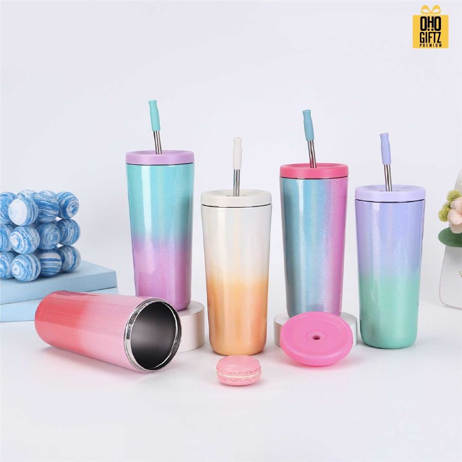 แก้วสแตนเลสสีทูโทน พร้อมหลอด สกรีนโลโก้ ทำเป็นของพรีเมี่ยมได้