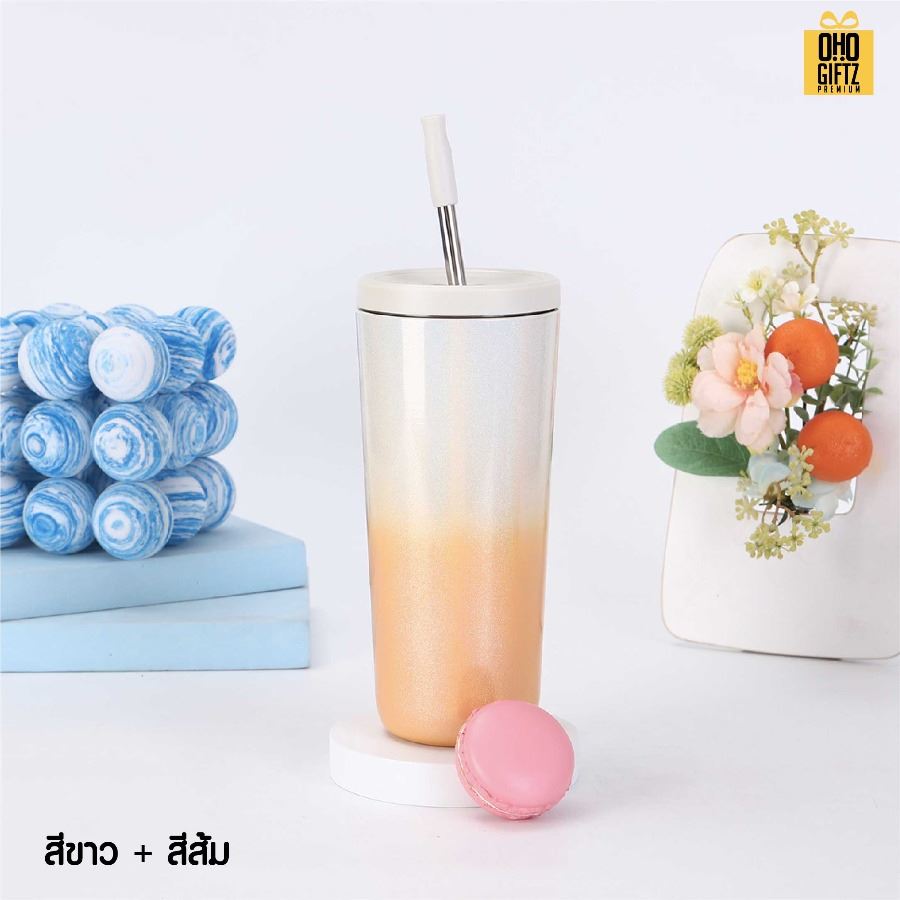 แก้วสแตนเลสสีทูโทน พร้อมหลอด สกรีนโลโก้ ทำเป็นของพรีเมี่ยมได้