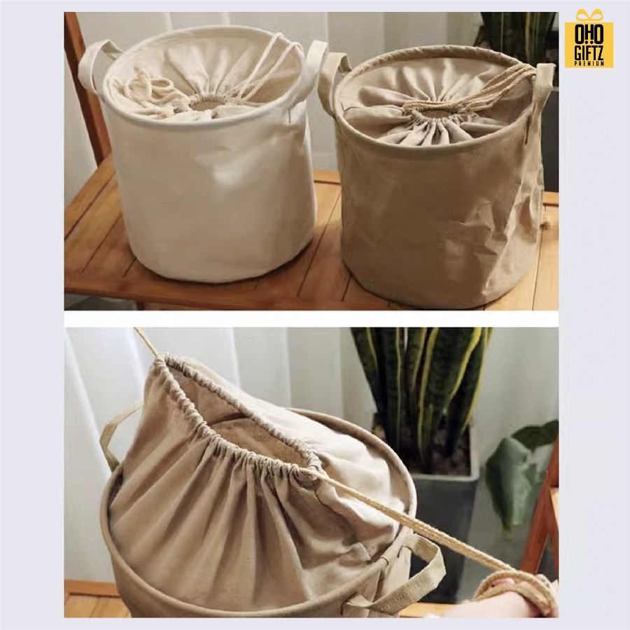 ตะกร้าผ้าสไตล์ญี่ปุ่นมีเชือกผูก สกรีนโลโก้ ทำเป็นของพรีเมี่ยมได้