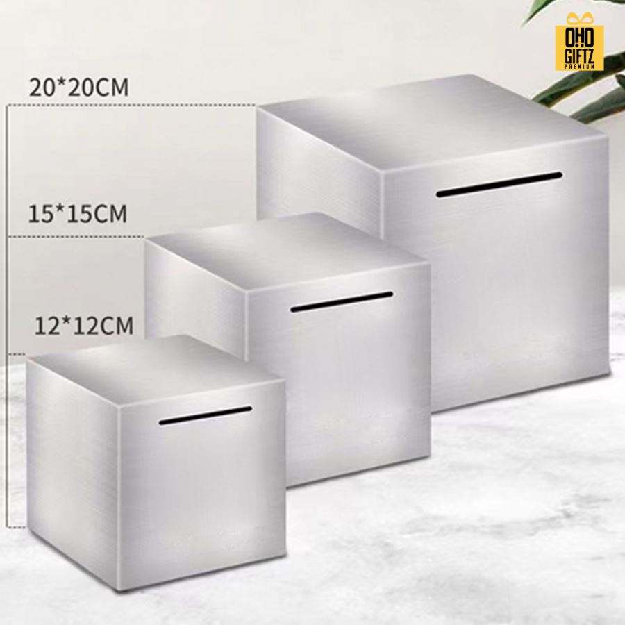 กระปุกออมสินสแตนเลส สกรีนโลโก้ ทำเป็นของพรีเมี่ยม ของชำร่วยได้