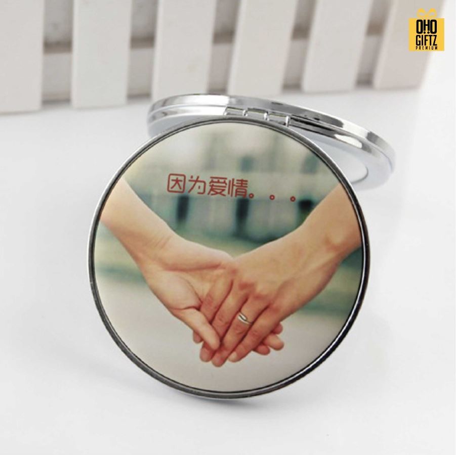 ตลับกระจกขอบโลหะ พิมพ์ไม่จำกัดสี 2 ด้าน สกรีนโลโก้ ทำเป็นของพรีเมี่ยมได้