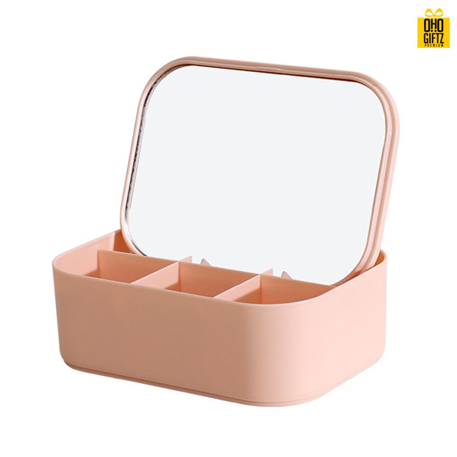 กระจกแต่งหน้าพร้อมกล่องเก็บของ สกรีนโลโก้ สกรีนชื่อร้าน ทำเป็นของพรีเมี่ยมได้