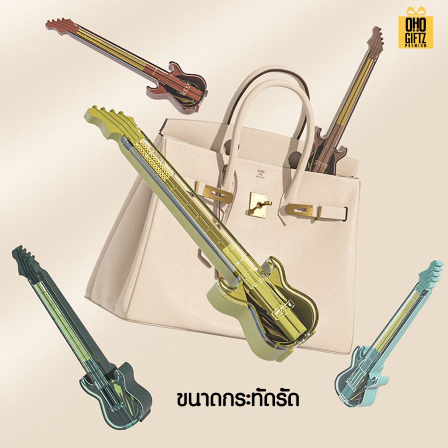 กล่องใส่ช้อนส้อมตะเกียบทรงกีตาร์ สกรีนชื่อ สกรีนโลโก้ ทำเป็นของพรีเมี่ยมได้