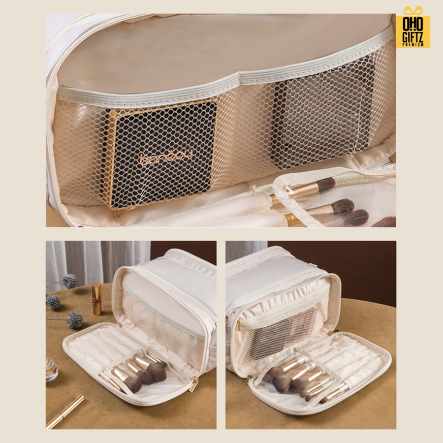 กระเป๋าหนัง PU ใส่อุปกรณ์แต่งหน้า แบบซิปคู่ สกรีนโลโก้  ทำเป็นของพรีเมี่ยมได้