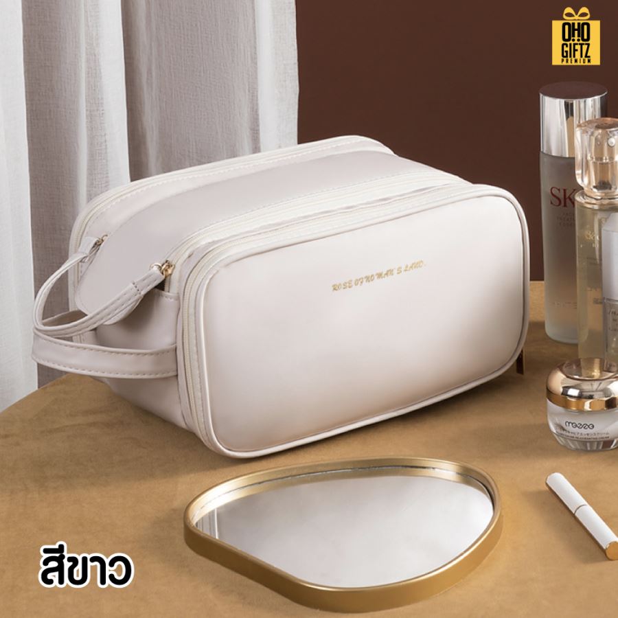 กระเป๋าหนัง PU ใส่อุปกรณ์แต่งหน้า แบบซิปคู่ สกรีนโลโก้  ทำเป็นของพรีเมี่ยมได้