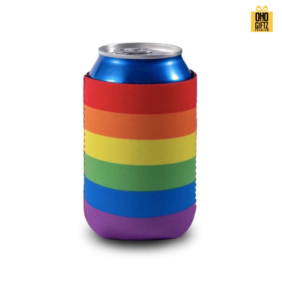 ปลอกผ้าสายรุ้งหุ้มกระป๋อง สกรีนโลโก้ ทำเป็นของพรีเมี่ยม ของชำร่วย ของที่ระลึก