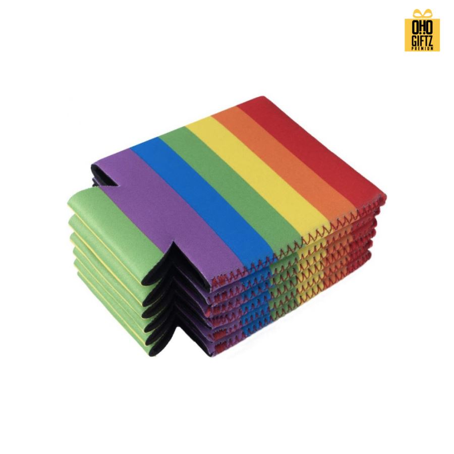 ปลอกผ้าสายรุ้งหุ้มกระป๋อง สกรีนโลโก้ ทำเป็นของพรีเมี่ยม ของชำร่วย ของที่ระลึก