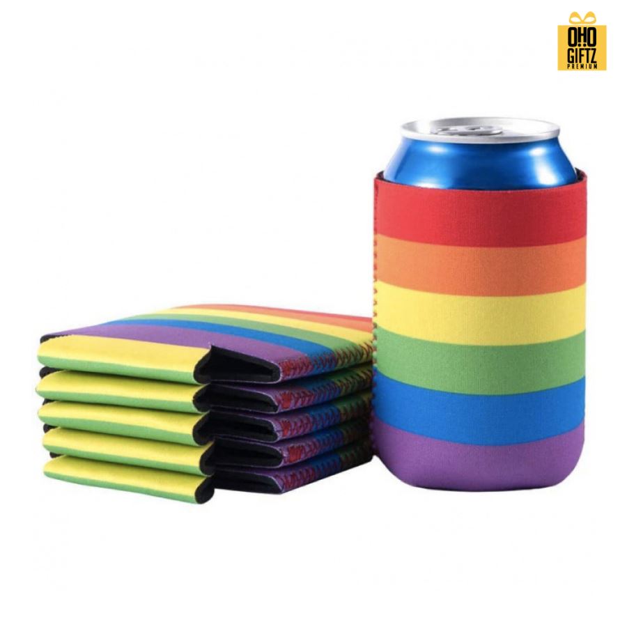 ปลอกผ้าสายรุ้งหุ้มกระป๋อง สกรีนโลโก้ ทำเป็นของพรีเมี่ยม ของชำร่วย ของที่ระลึก