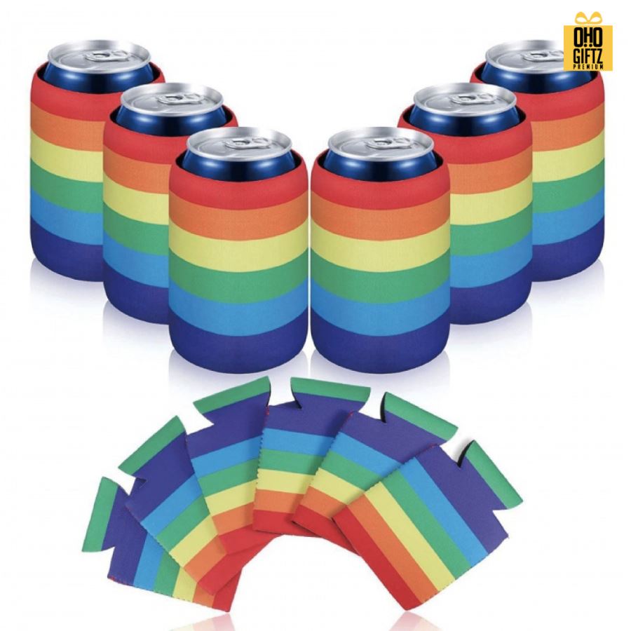 ปลอกผ้าสายรุ้งหุ้มกระป๋อง สกรีนโลโก้ ทำเป็นของพรีเมี่ยม ของชำร่วย ของที่ระลึก