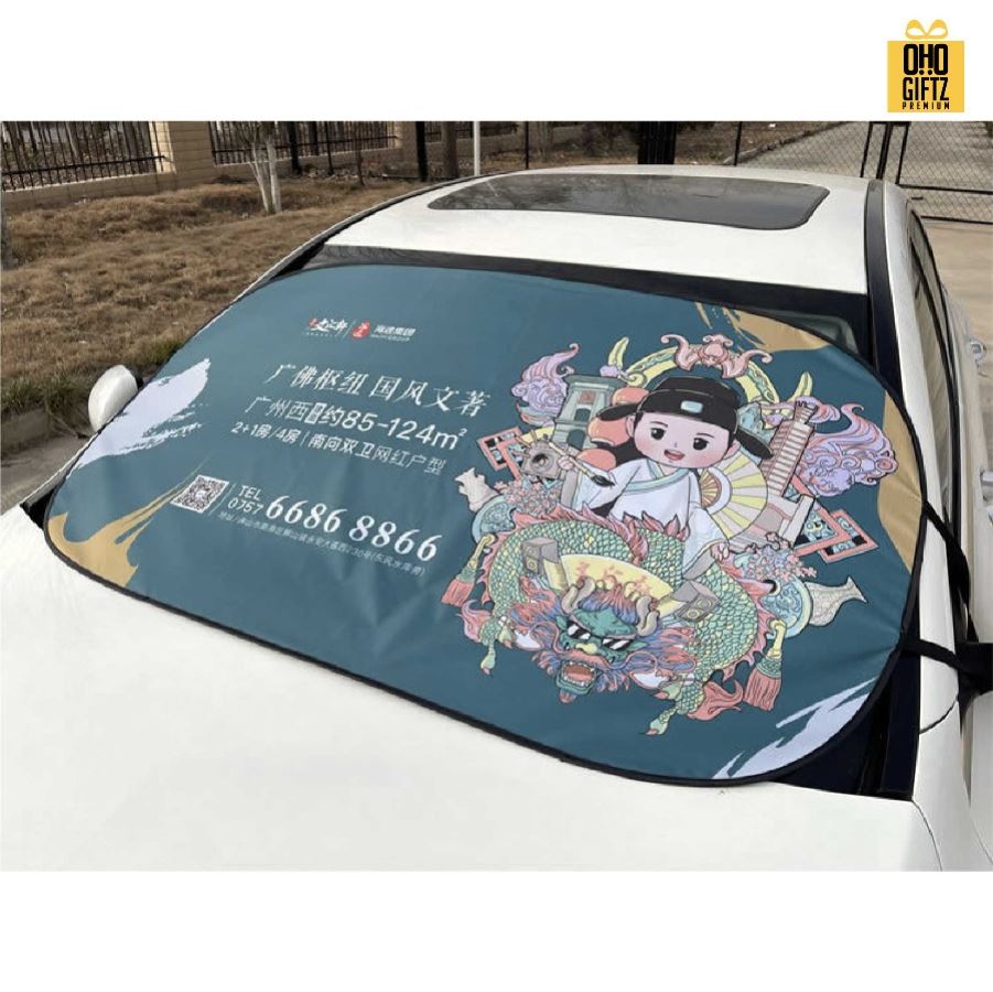 ม่านบังแดดรถบนต์แบบแผ่นใหญ่ สกรีนลายเต็มไม่จำกัดสี สกรีนโลโก้ ทำเป็นของพรีเมี่ยมได้