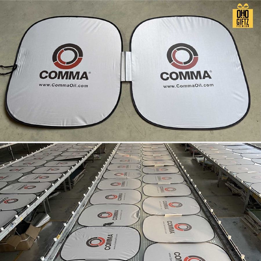 ม่านบังแดดรถยนต์ทรงเหลี่ยมคู่ สกรีนโลโก้ ทำเป็นของพรีเมี่ยมได้