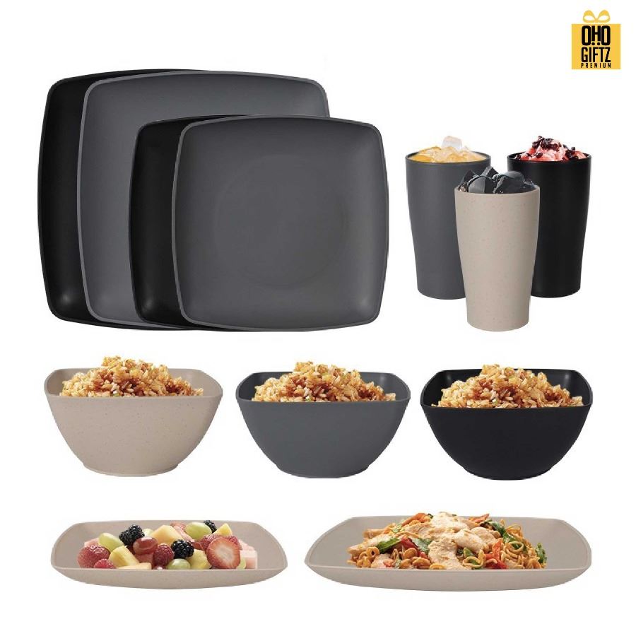 ชุดเซ็ทจาน ชาม ถ้วย ผลิตจากฟางข้าวสาลี สกรีนชื่อ สกรีนโลโก้ ทำเป็นของพรีเมี่ยมได้