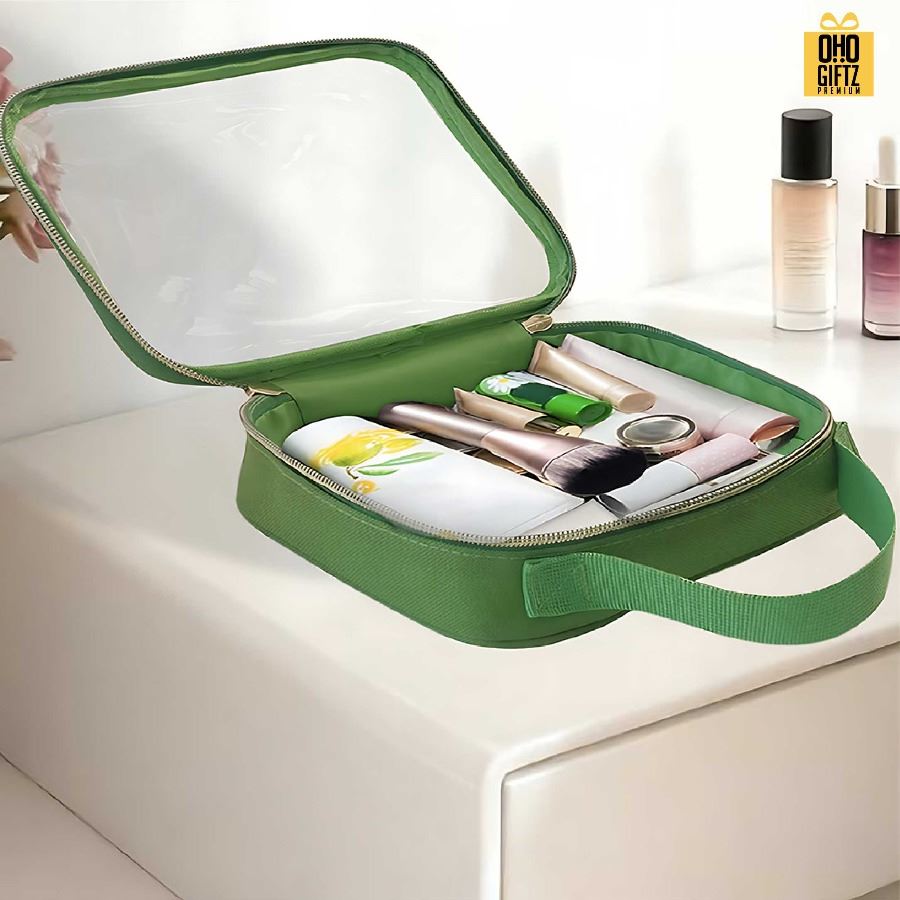 กระเป๋าใส่เครื่องสำอาง ขอบ PU ด้านหน้า PVC สกรีนโลโก้ ทำเป็นของพรีเมี่ยมได้