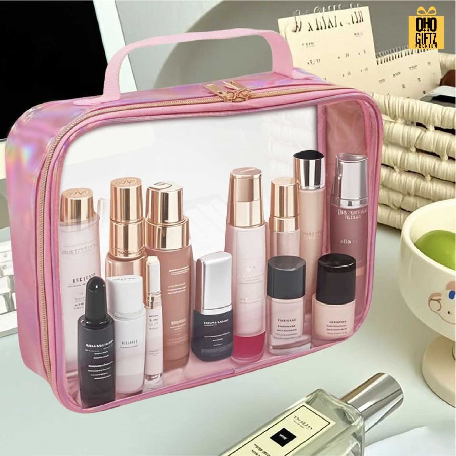 กระเป๋าใส่เครื่องสำอาง ขอบ PU ด้านหน้า PVC สกรีนโลโก้ ทำเป็นของพรีเมี่ยมได้