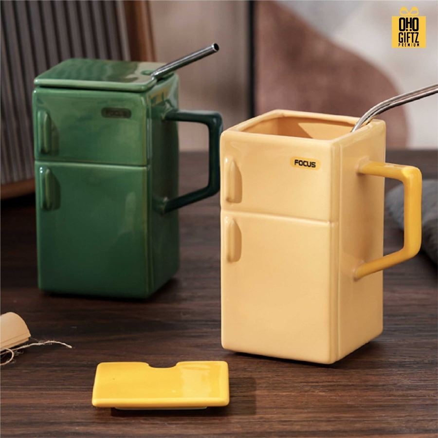 แก้วเซรามิคทรงตู้เย็นเรโทร สกรีนชื่อ สกรีนโลโก้ ทำเป็นของพรีเมี่ยมได้