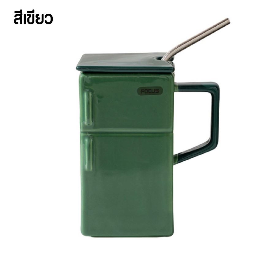 แก้วเซรามิคทรงตู้เย็นเรโทร สกรีนชื่อ สกรีนโลโก้ ทำเป็นของพรีเมี่ยมได้